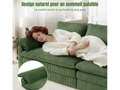 Sofá 3 plazas en pana, con 2 cojines de brazo, desmontables y lavables, 265x86x88cm, Verde