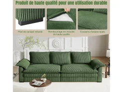 Sofá 3 plazas en pana, con 2 cojines de brazo, desmontables y lavables, 265x86x88cm, Verde