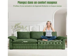 Sofá 3 plazas en pana, con 2 cojines de brazo, desmontables y lavables, 265x86x88cm, Verde