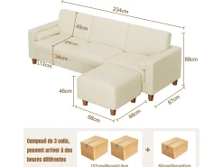 Sofá 3 plazas en skai, con otomana y 2 cojines redondos, estructura de madera, 234x155x88cm, Beige