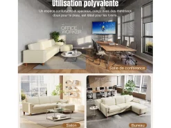Sofá 3 plazas en skai, con otomana y 2 cojines redondos, estructura de madera, 234x155x88cm, Beige
