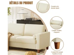 Sofá 3 plazas en skai, con otomana y 2 cojines redondos, estructura de madera, 234x155x88cm, Beige