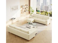 Sofá 3 plazas en skai, con otomana y 2 cojines redondos, estructura de madera, 234x155x88cm, Beige
