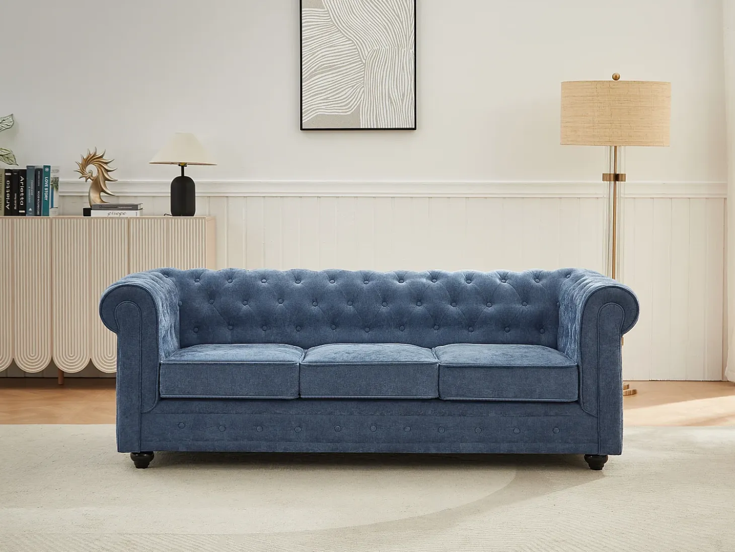 Sofá 3 plazas en tejido color azul CHESTERFIELD