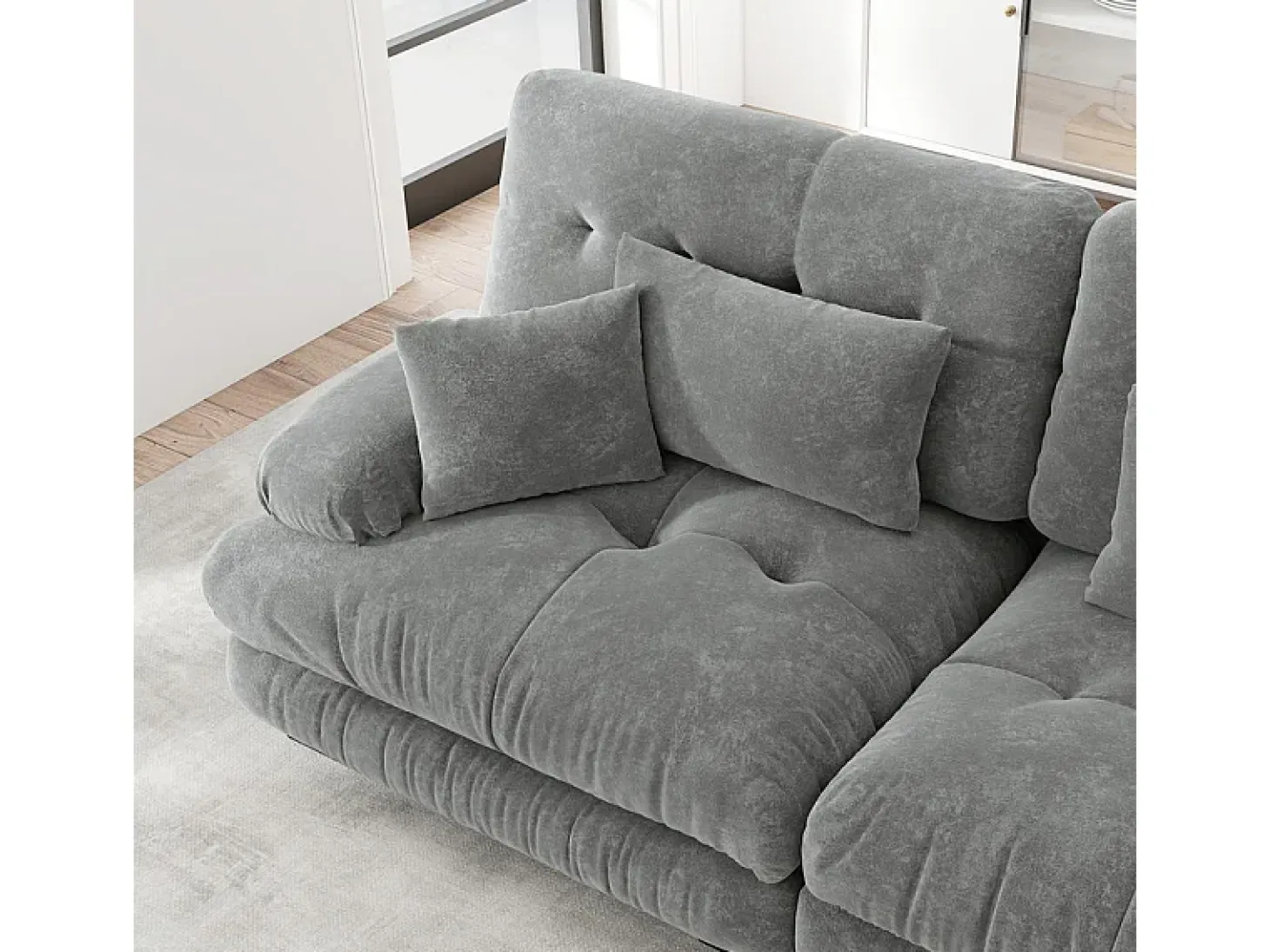 Sofá 2 plazas gris - con 4 cojines - estructura madera maciza + tejido felpa - 220x77x81cm