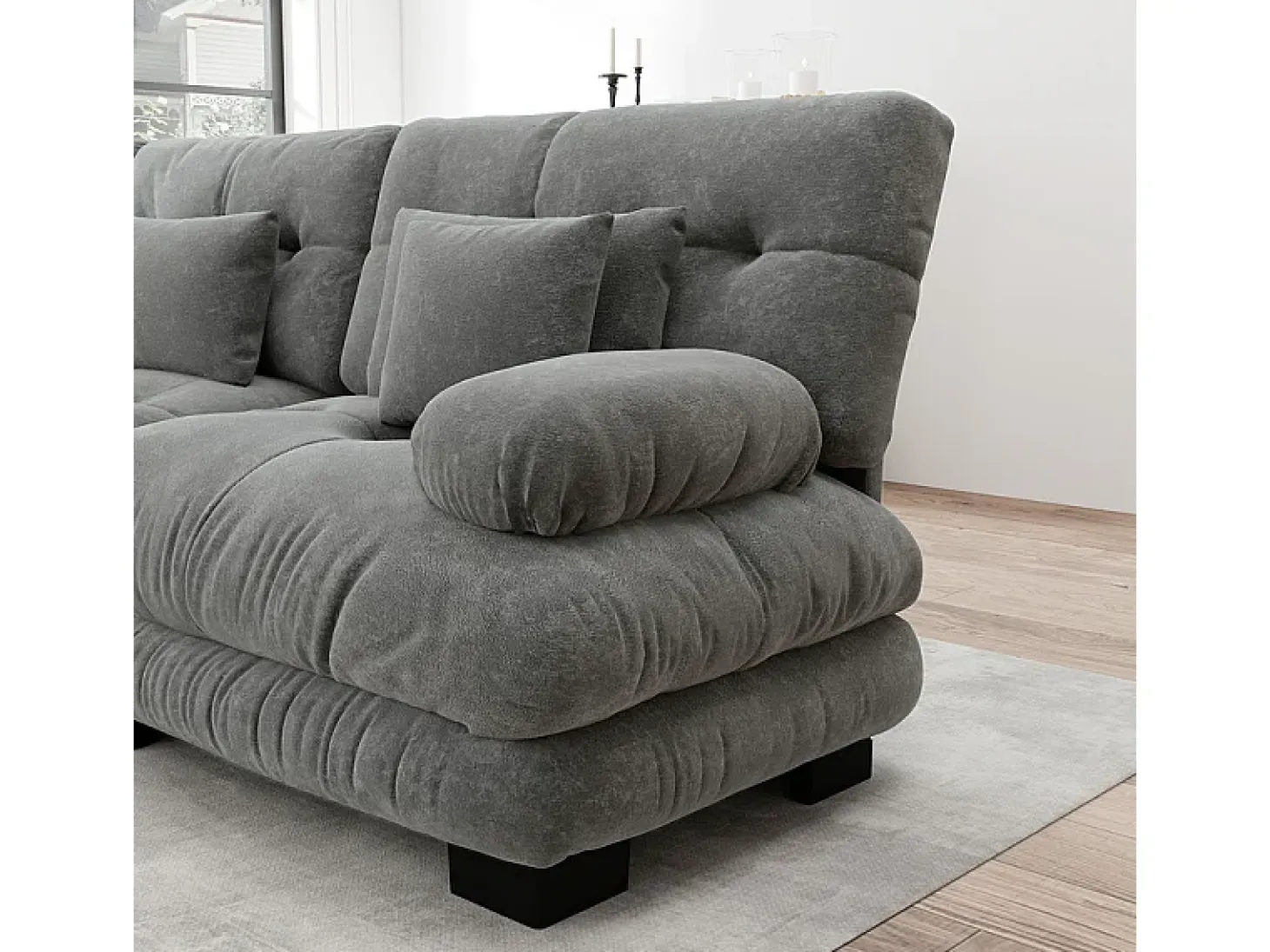Sofá 2 plazas gris - con 4 cojines - estructura madera maciza + tejido felpa - 220x77x81cm