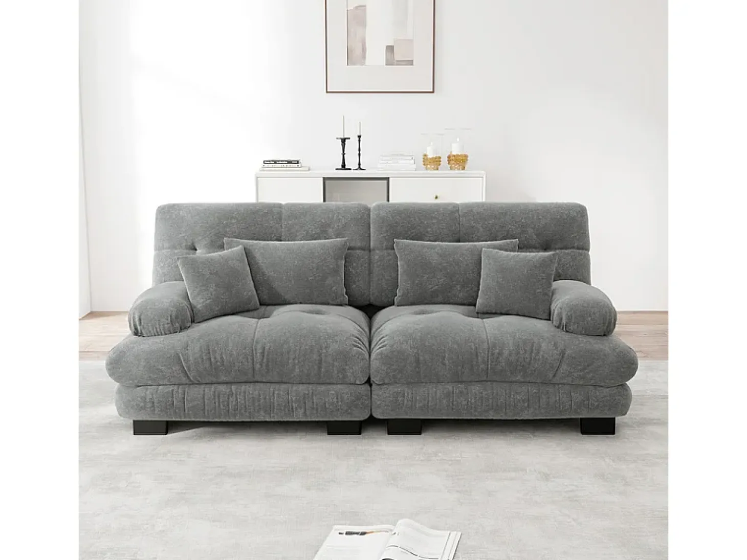 Sofá 2 plazas gris - con 4 cojines - estructura madera maciza + tejido felpa - 220x77x81cm