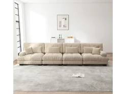 Sofá 4 plazas tejido felpa beige - con 6 cojines - estructura madera maciza - 406x77x81cm