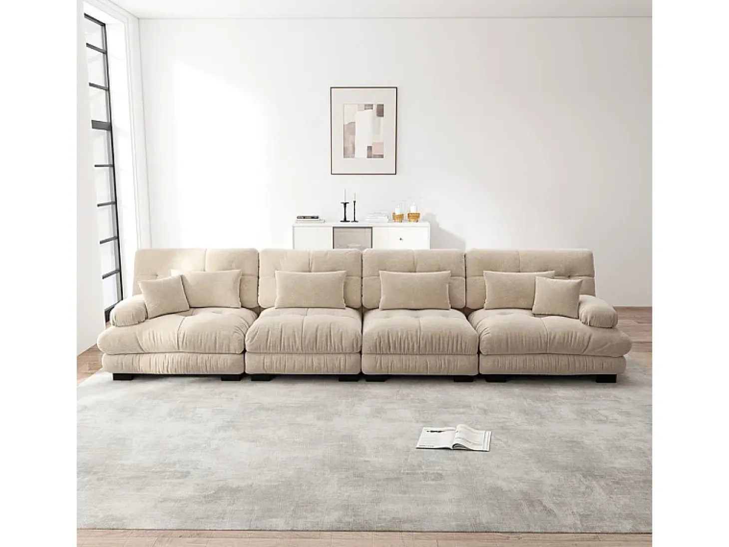 Sofá 4 plazas tejido felpa beige - con 6 cojines - estructura madera maciza - 406x77x81cm