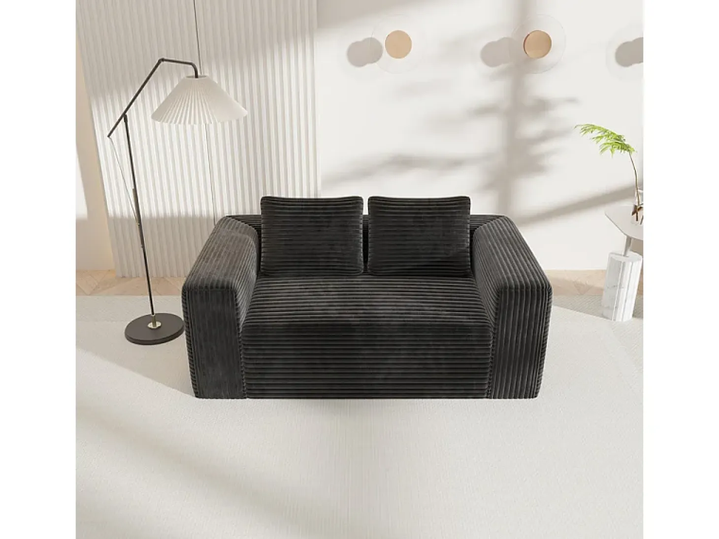 Sofá 2 Plazas, Terciopelo acanalado negro, 65cm prof. asiento, 2 cojines, 160x88x58cm