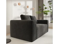 Sofá 2 Plazas, Terciopelo acanalado negro, 65cm prof. asiento, 2 cojines, 160x88x58cm
