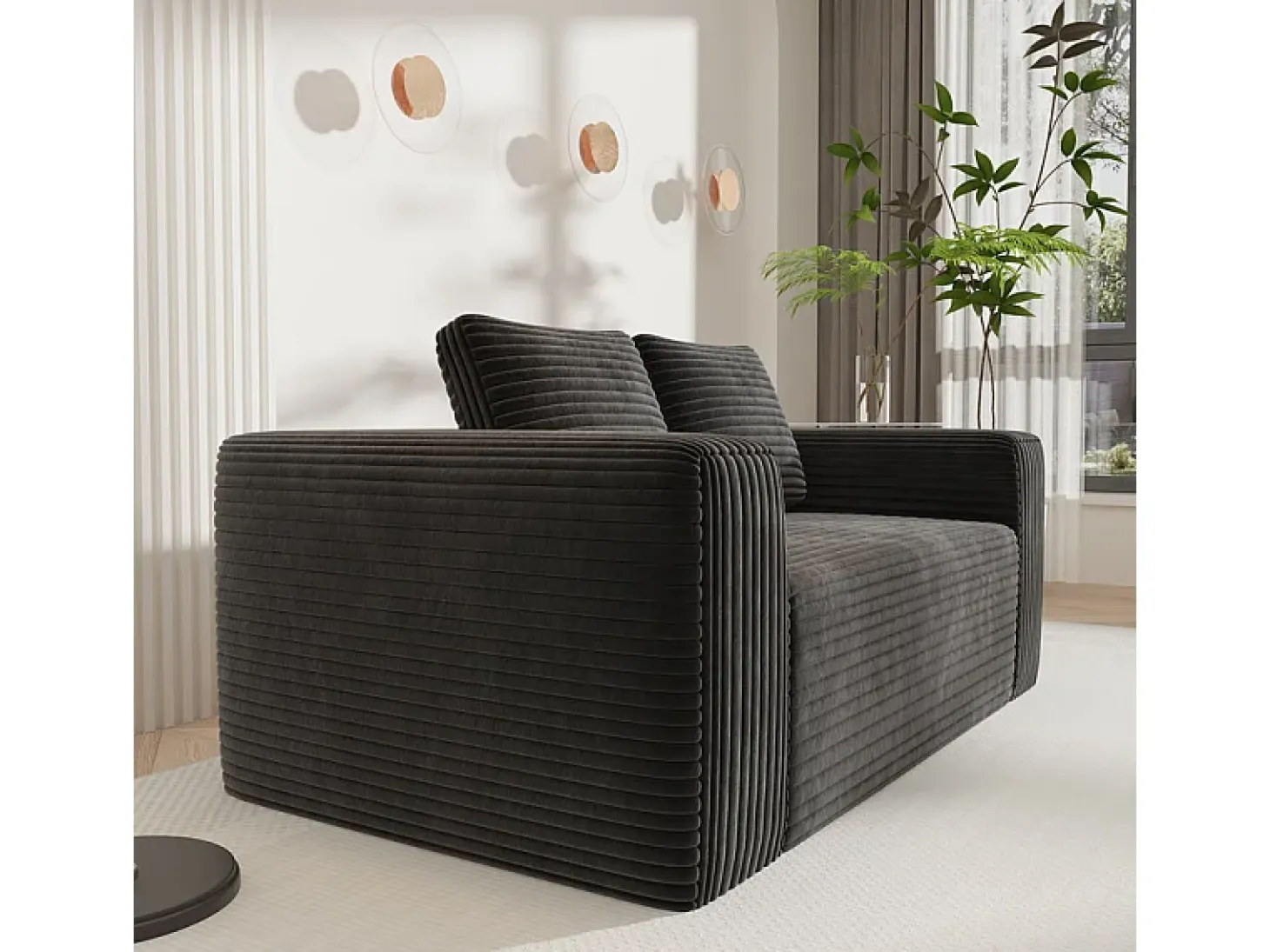Sofá 2 Plazas, Terciopelo acanalado negro, 65cm prof. asiento, 2 cojines, 160x88x58cm