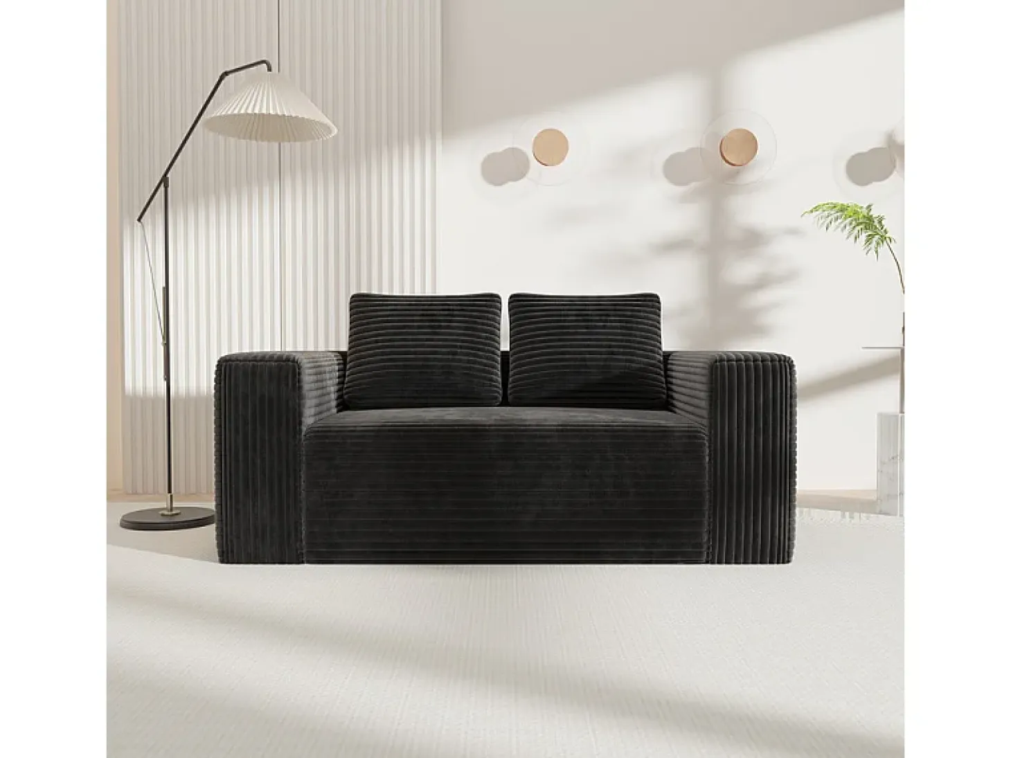 Sofá 2 Plazas, Terciopelo acanalado negro, 65cm prof. asiento, 2 cojines, 160x88x58cm