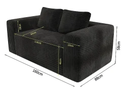 Sofá 2 Plazas, Terciopelo acanalado negro, 65cm prof. asiento, 2 cojines, 160x88x58cm