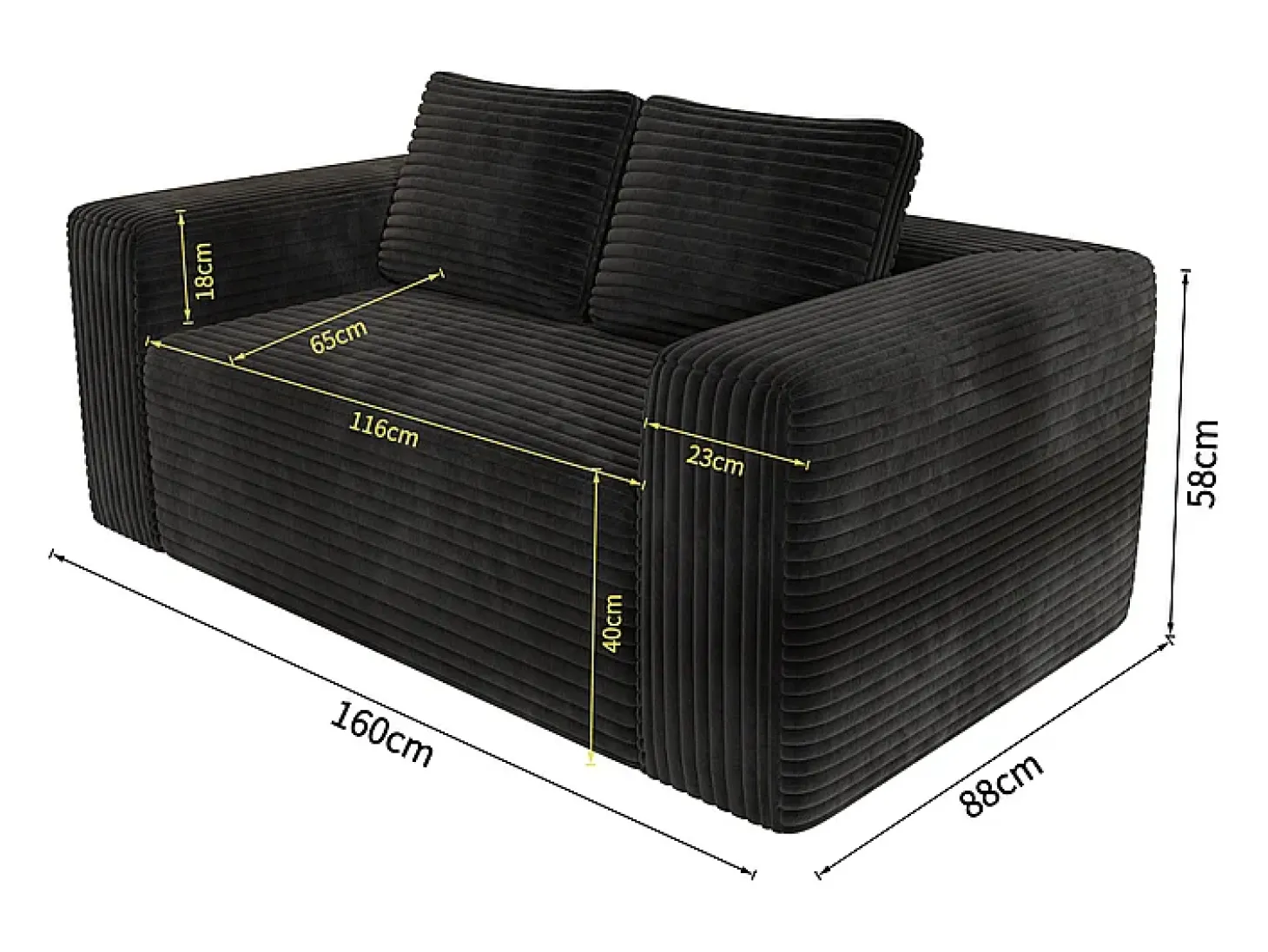 Sofá 2 Plazas, Terciopelo acanalado negro, 65cm prof. asiento, 2 cojines, 160x88x58cm
