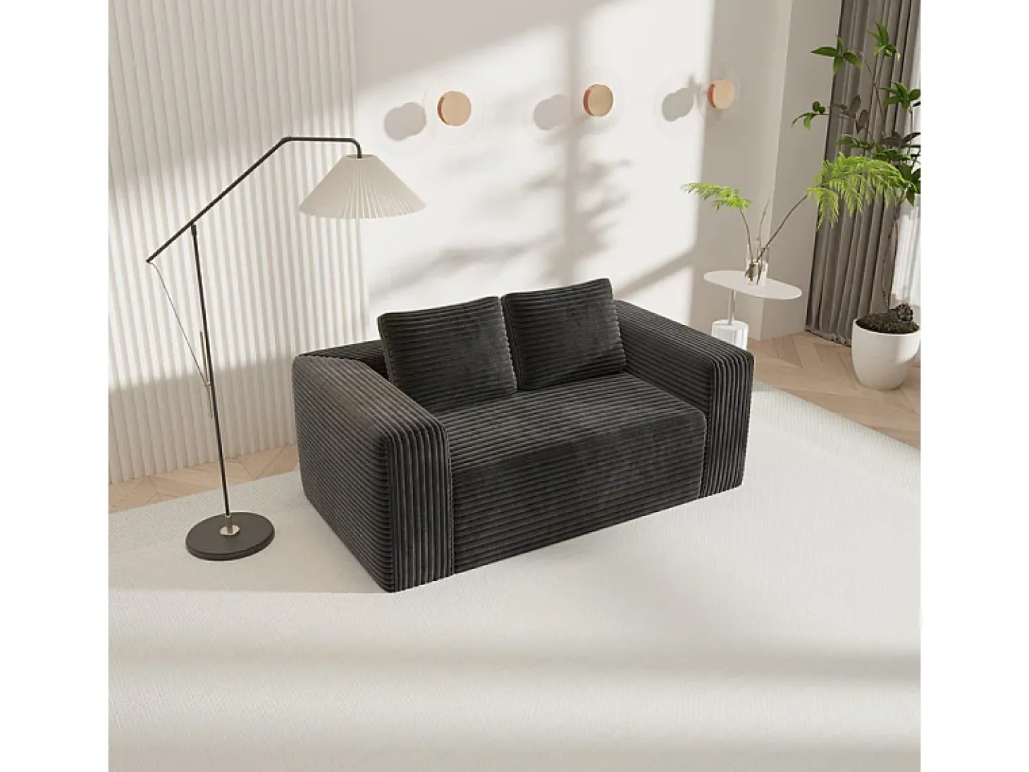 Sofá 2 Plazas, Terciopelo acanalado negro, 65cm prof. asiento, 2 cojines, 160x88x58cm