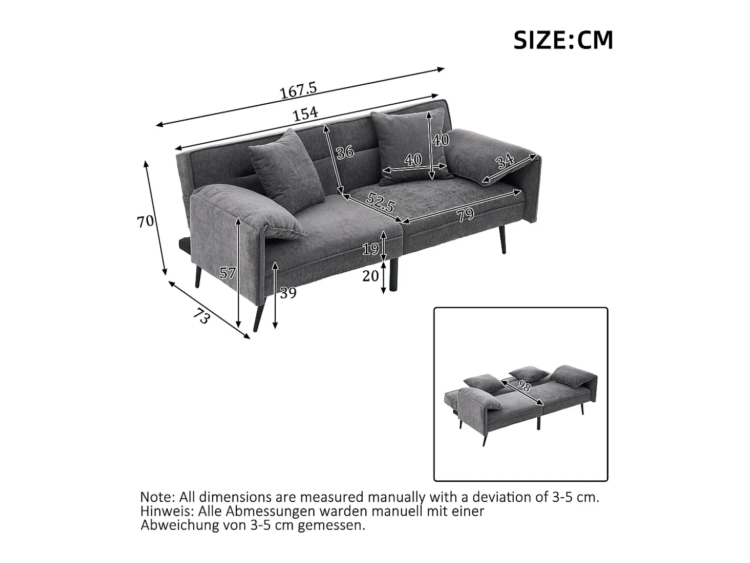 Sofá 2 plazas 167.5x73x70 cm - respaldo inclinable tres posiciones (100°–180°) - cojines de asiento mullidos - gris