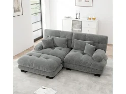 Sofá angular 2 plazas de tejido Chenilla, con 4 cojines, otomana extraíble, combinación DIY, 220x145x81cm, Gris