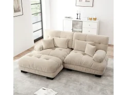 Sofá angular 2 plazas de tejido Chenilla, con 4 cojines, otomana extraíble, combinación DIY, 220x145x81cm, Beige