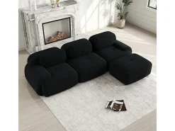 Sofá angular 3 plazas modular - de Pana - con 3 cojines y otomana - 298x178x75cm - Negro