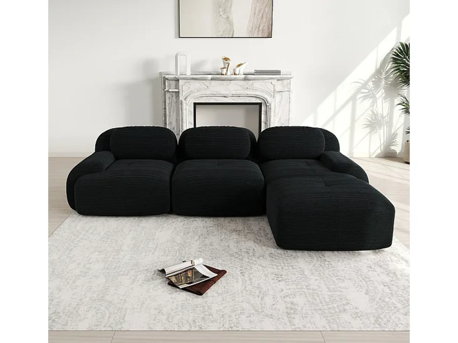 Sofá angular 3 plazas modular - de Pana - con 3 cojines y otomana - 298x178x75cm - Negro