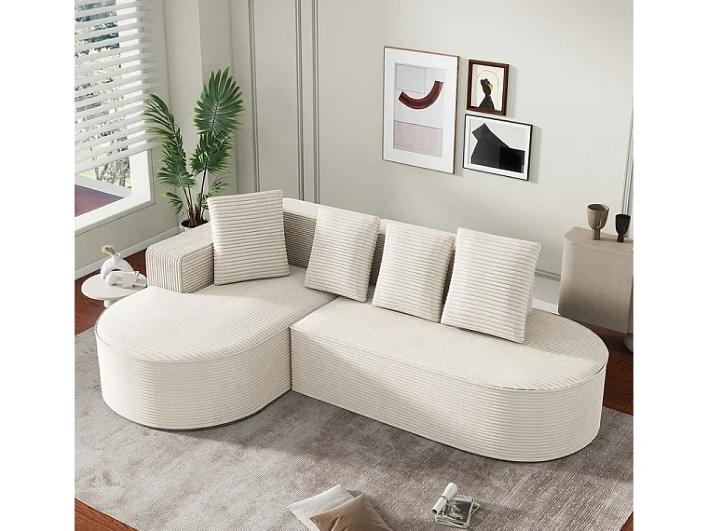 Sofá angular izquierdo de Pana de canalé grueso con 4 cojines - 265x67x40,5cm - Blanco