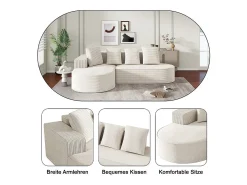 Sofá angular izquierdo de Pana de canalé grueso con 4 cojines - 265x67x40,5cm - Blanco