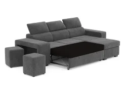 Sofá Cama 3 Plazas Gris Oscuro con Chaise Longue Reversible Lado Derecho/Izquierdo - Reposacabezas Ajustables - 2 Pufs (263 x 127 x 96 cm) - JOHN