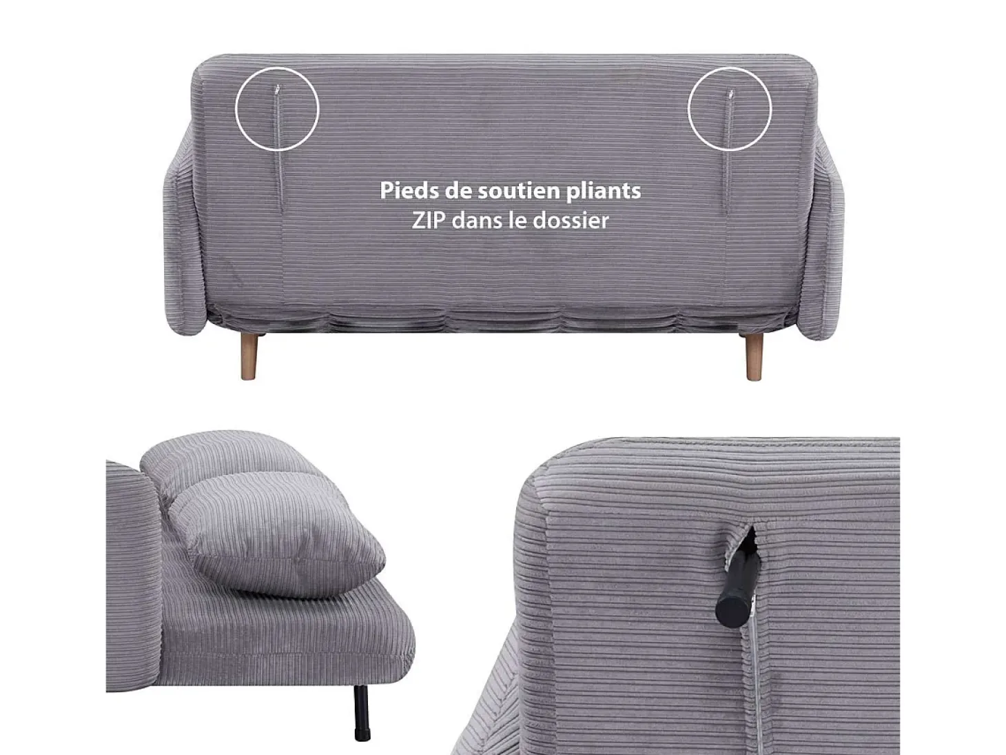 Sofá cama BZ de 2 plazas en terciopelo acanalado gris para huéspedes - ARI