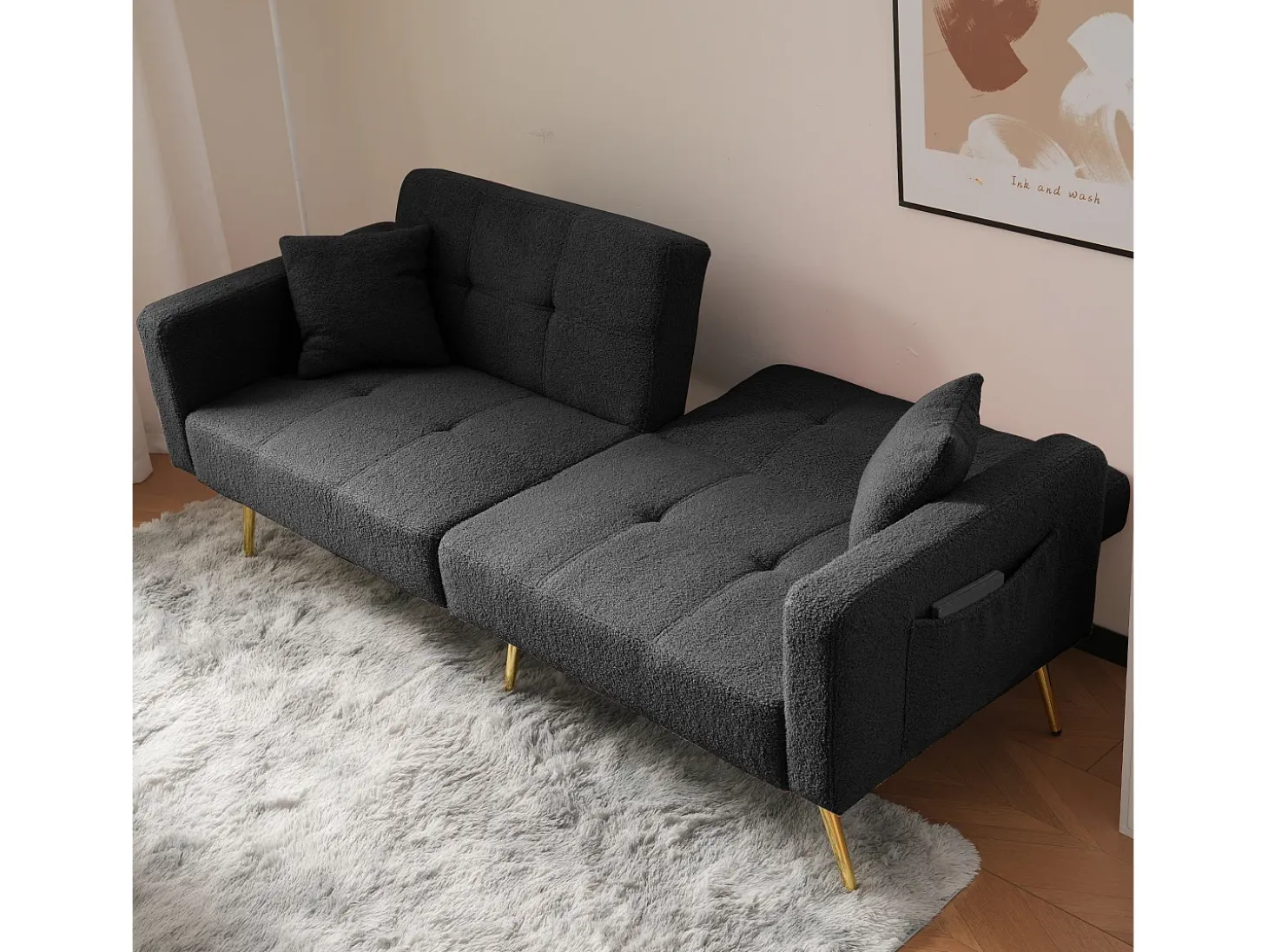 Sofá cama convertible de 2 plazas en tejido Sherpa - 175 x 64 x 72 cm - Patas de metal dorado - Gris