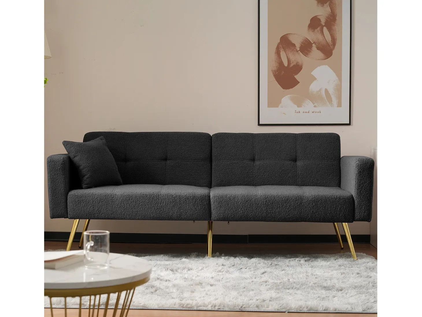 Sofá cama convertible de 2 plazas en tejido Sherpa - 175 x 64 x 72 cm - Patas de metal dorado - Gris