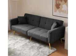 Sofá cama convertible de 2 plazas en tejido Sherpa - 175 x 64 x 72 cm - Patas de metal dorado - Gris