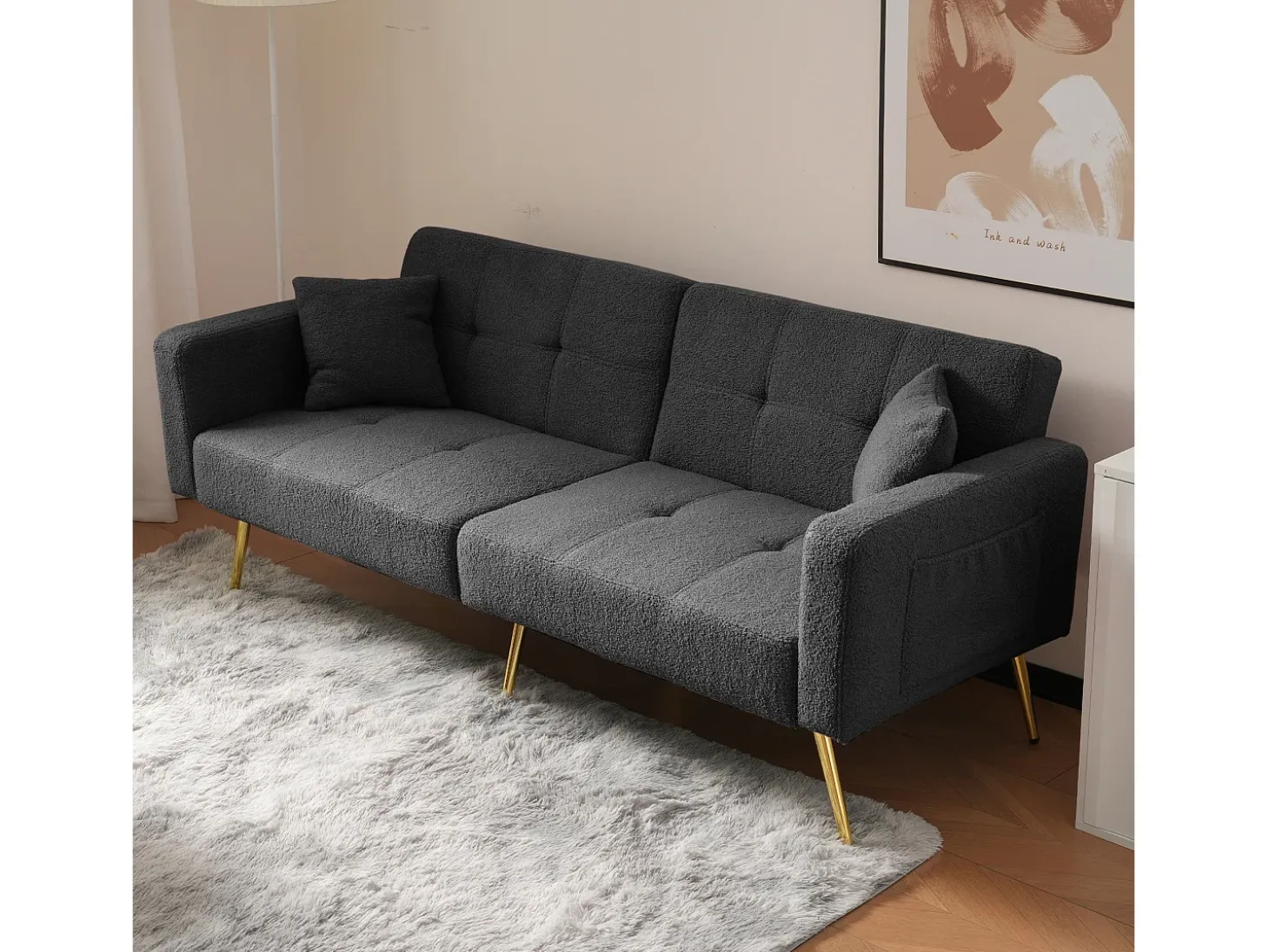 Sofá cama convertible de 2 plazas en tejido Sherpa - 175 x 64 x 72 cm - Patas de metal dorado - Gris
