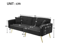 Sofá cama convertible de 2 plazas en tejido Sherpa - 175 x 64 x 72 cm - Patas de metal dorado - Gris