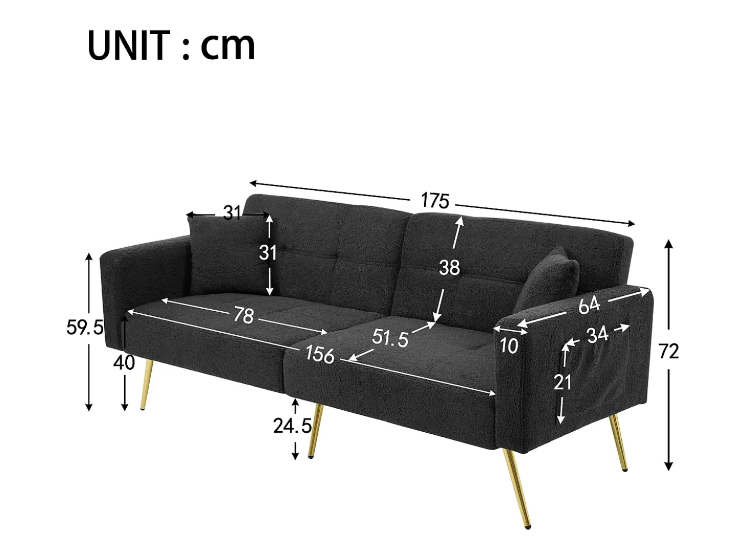 Sofá cama convertible de 2 plazas en tejido Sherpa - 175 x 64 x 72 cm - Patas de metal dorado - Gris