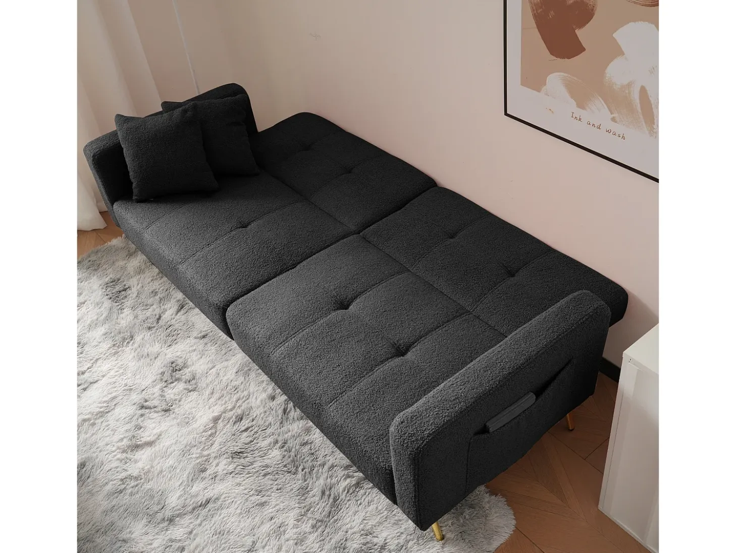 Sofá cama convertible de 2 plazas en tejido Sherpa - 175 x 64 x 72 cm - Patas de metal dorado - Gris
