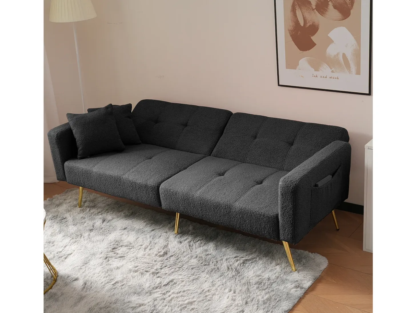 Sofá cama convertible de 2 plazas en tejido Sherpa - 175 x 64 x 72 cm - Patas de metal dorado - Gris