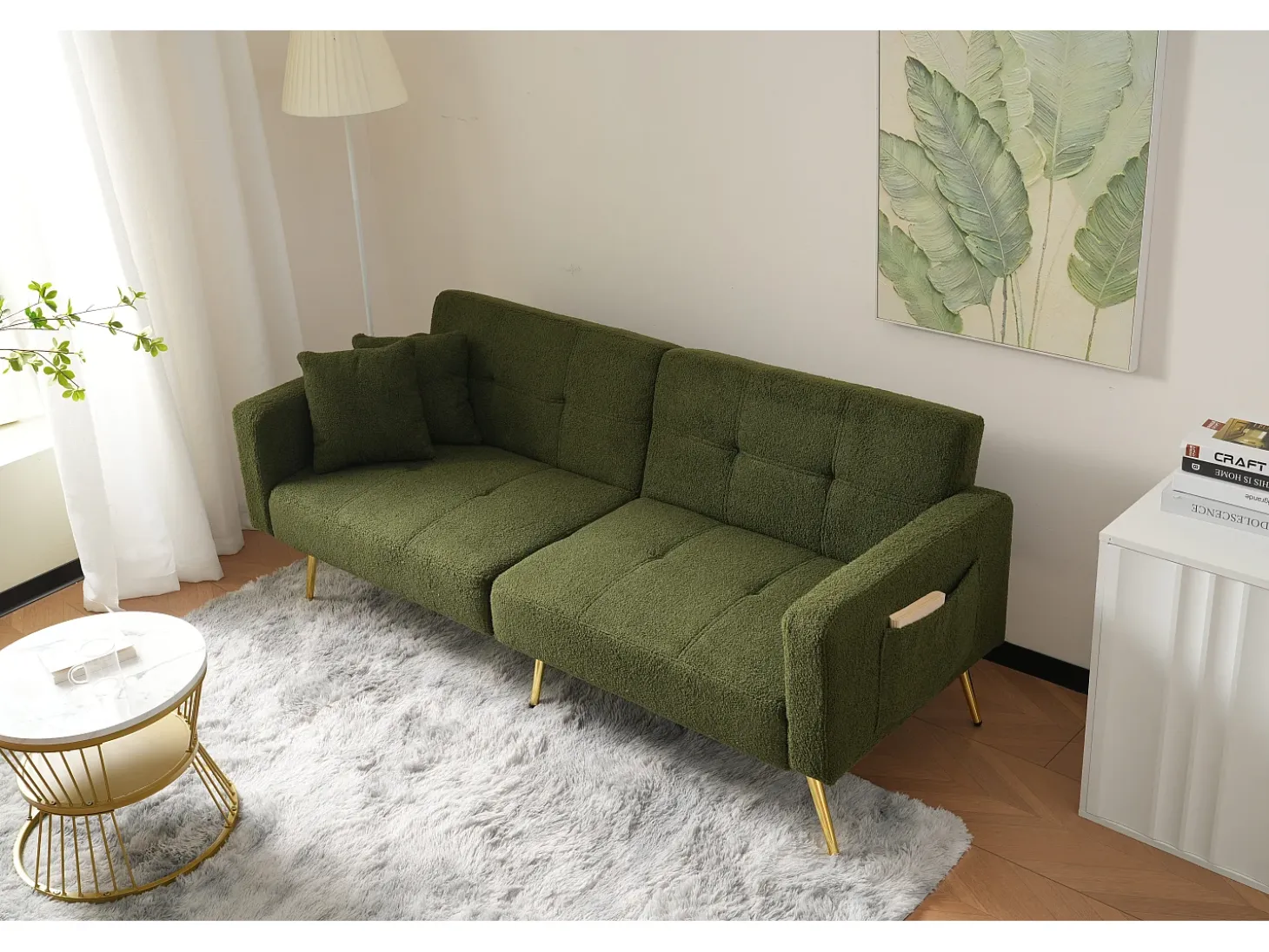Sofá cama convertible de 2 plazas en tejido Sherpa - 175 x 64 x 72 cm - Patas de metal dorado - Verde
