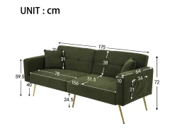 Sofá cama convertible de 2 plazas en tejido Sherpa - 175 x 64 x 72 cm - Patas de metal dorado - Verde