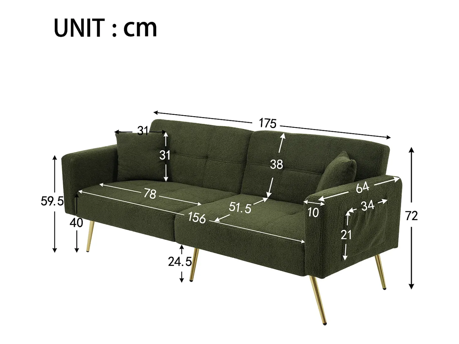Sofá cama convertible de 2 plazas en tejido Sherpa - 175 x 64 x 72 cm - Patas de metal dorado - Verde
