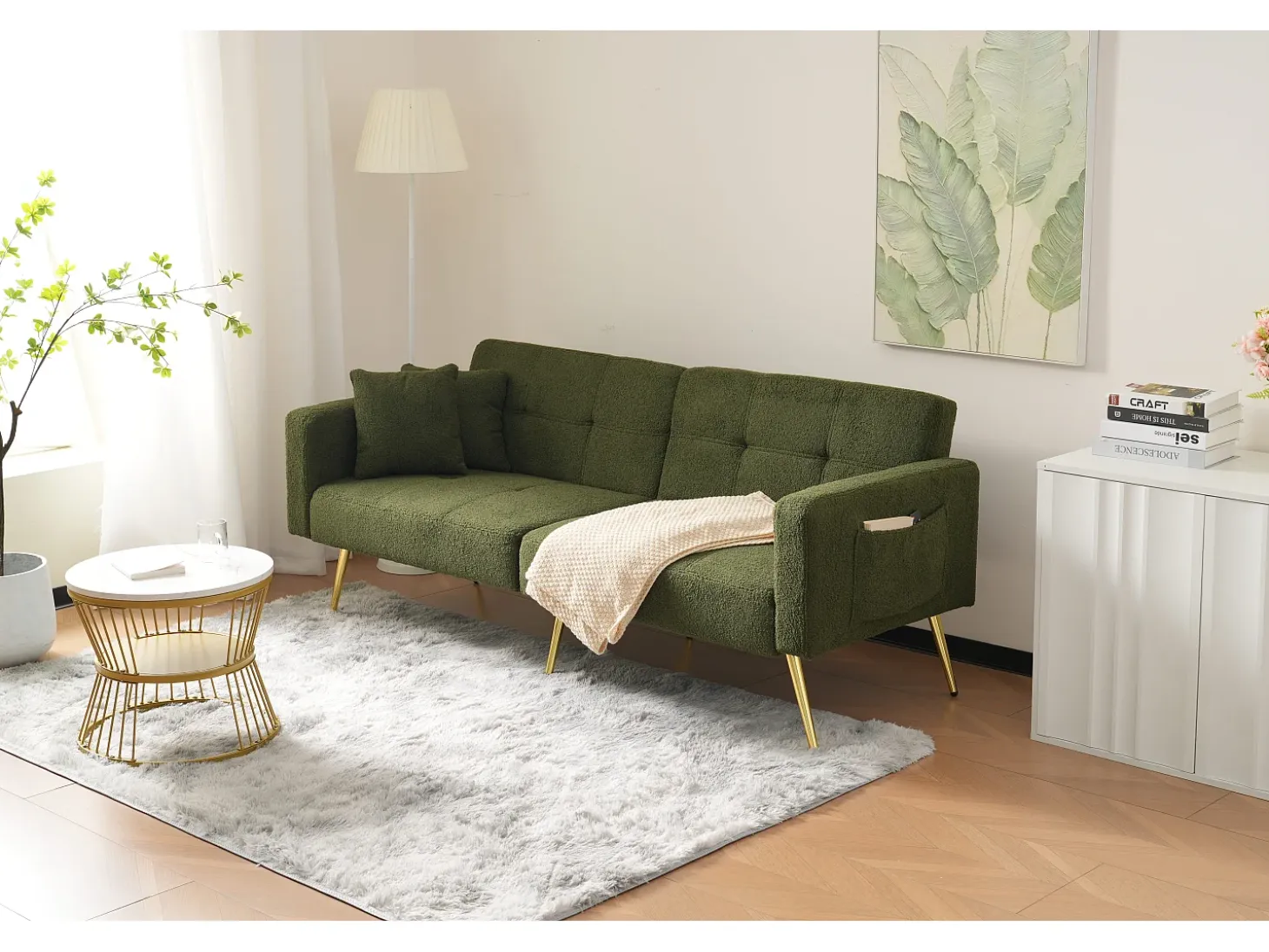 Sofá cama convertible de 2 plazas en tejido Sherpa - 175 x 64 x 72 cm - Patas de metal dorado - Verde