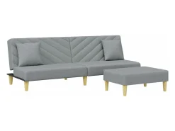 Sofá cama de 2 plazas con almohadas y taburete tela gris claro