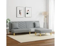 Sofá cama de 2 plazas con almohadas y taburete tela gris claro