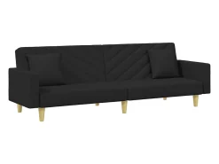 Sofá cama de 2 plazas con almohadas y reposapiés en tela negra