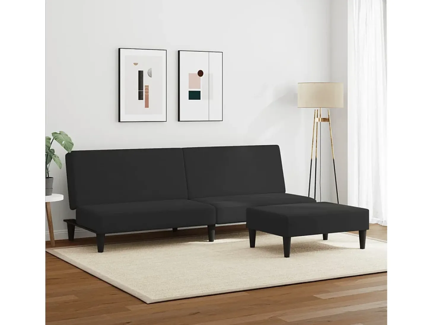 Sofá cama de 2 plazas con taburete terciopelo negro