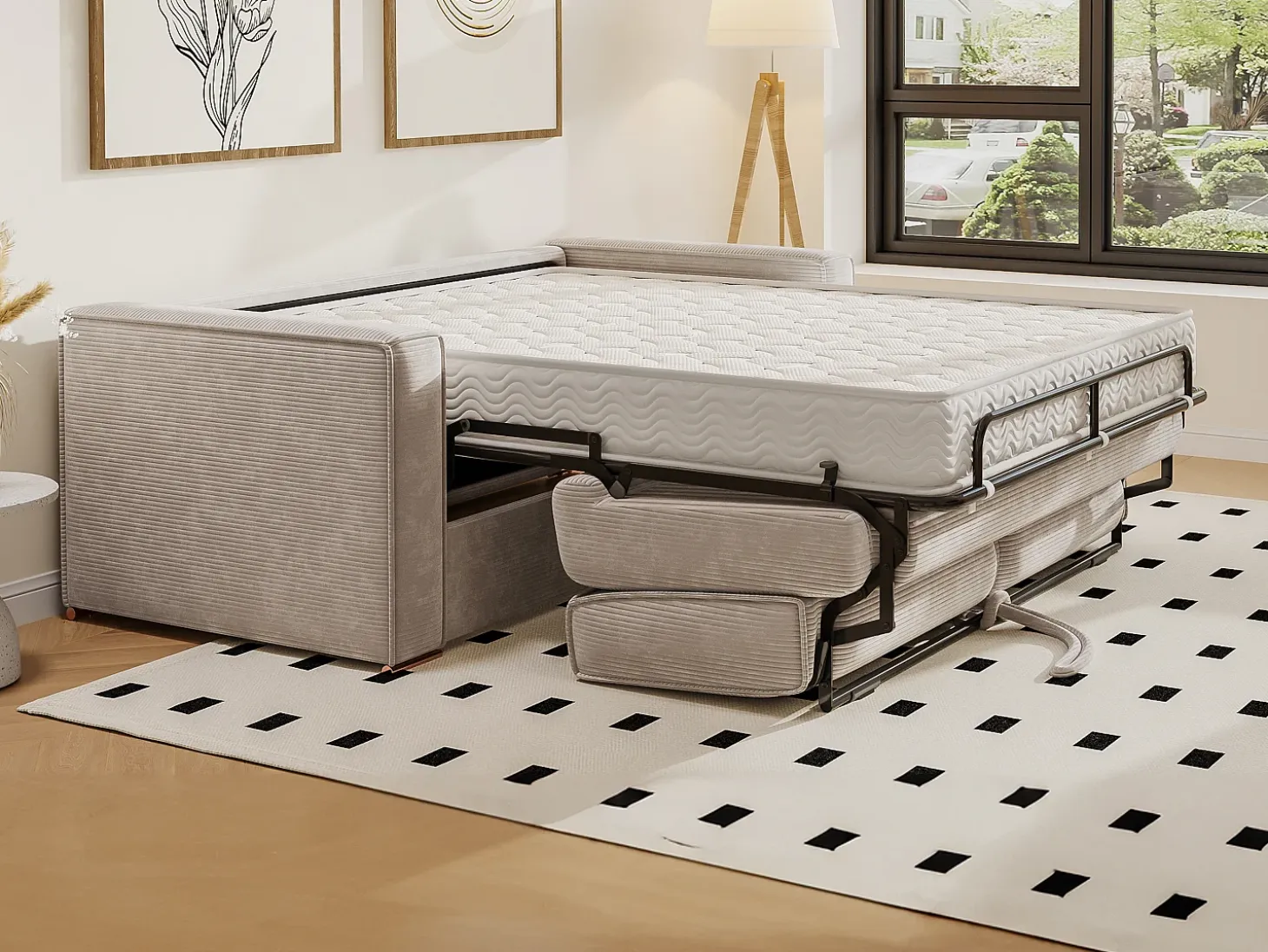 Sofá cama de 4 plazas de pana color beige LORETO