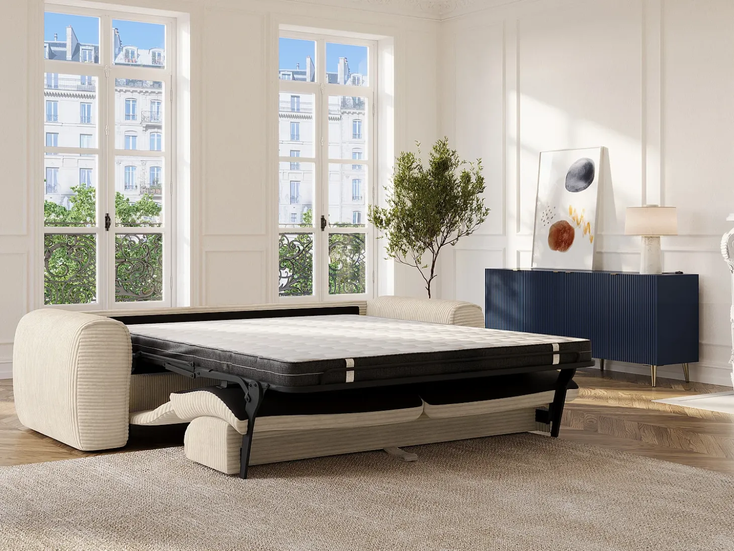 Sofá cama de 4 plazas de pana beige POGNIA