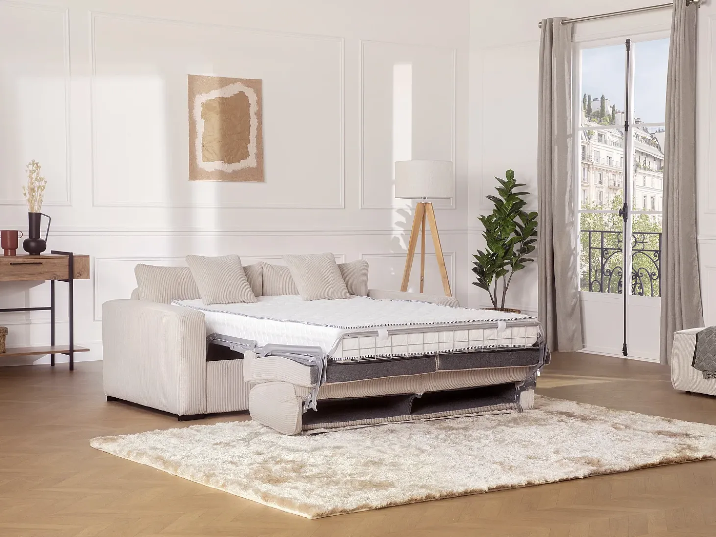 Sofá cama Express convertible en pana beige, cama de láminas de 160 cm, 16 cm de grosor, MONDOVI