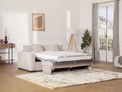 Sofá cama Express en pana beige, superficie de descanso de 130 cm, colchón de 16 cm, MONDOVI