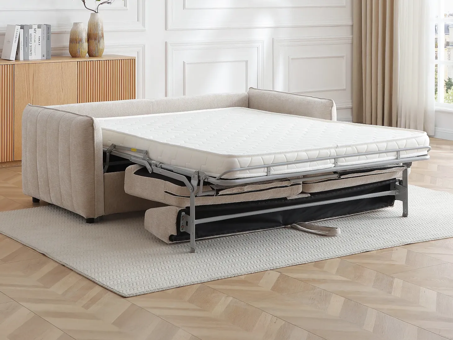Sofá cama exprés de 3 plazas en tela texturizada beige - Cama 145 cm MALOGU